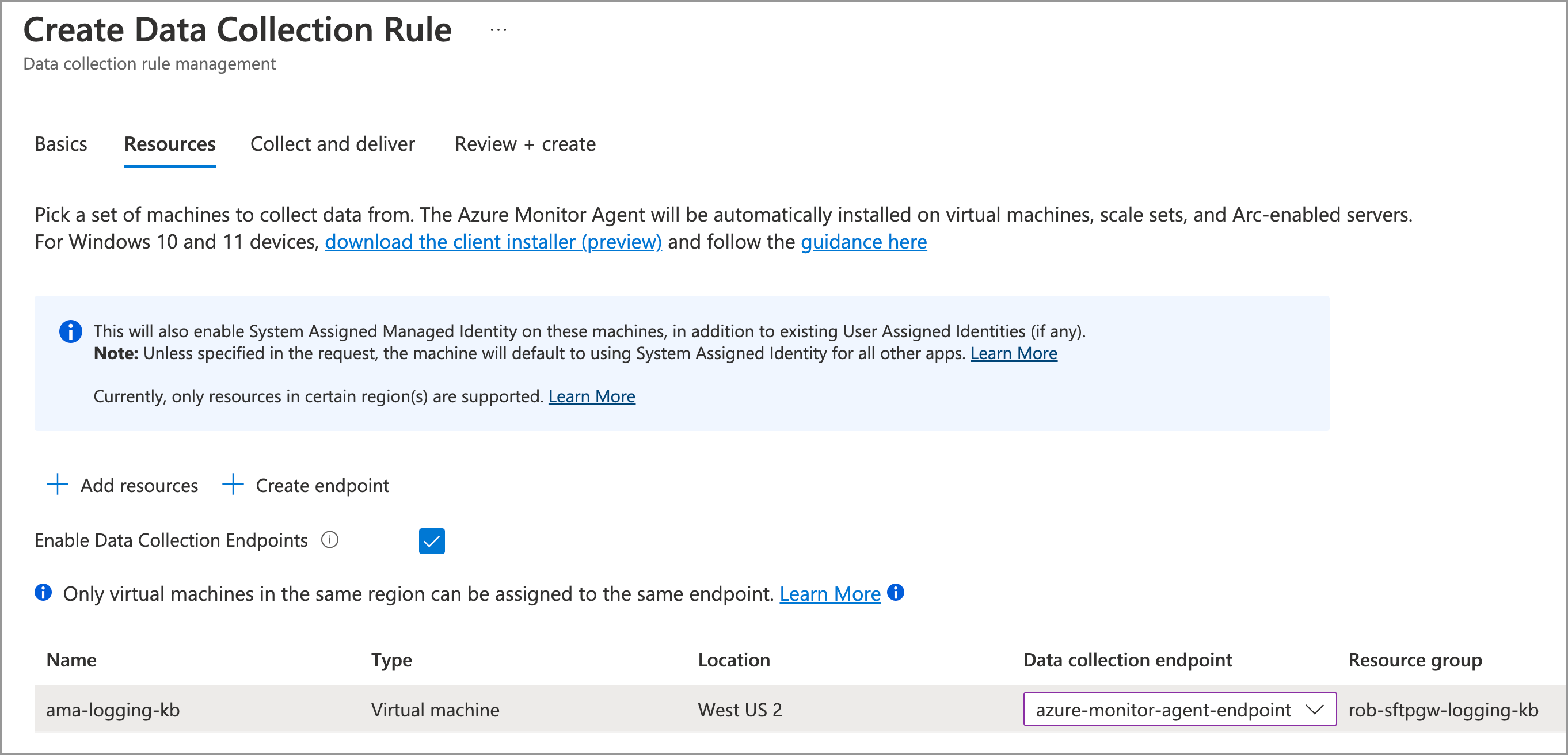 Data Collection Rule Resources tab