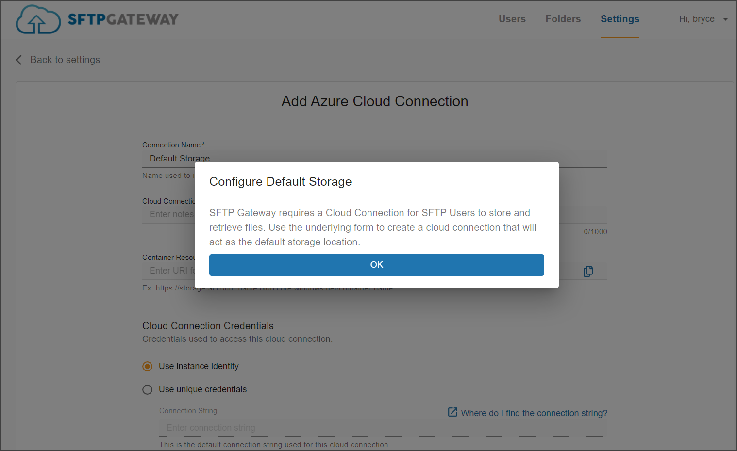 Cloud Connection Popup